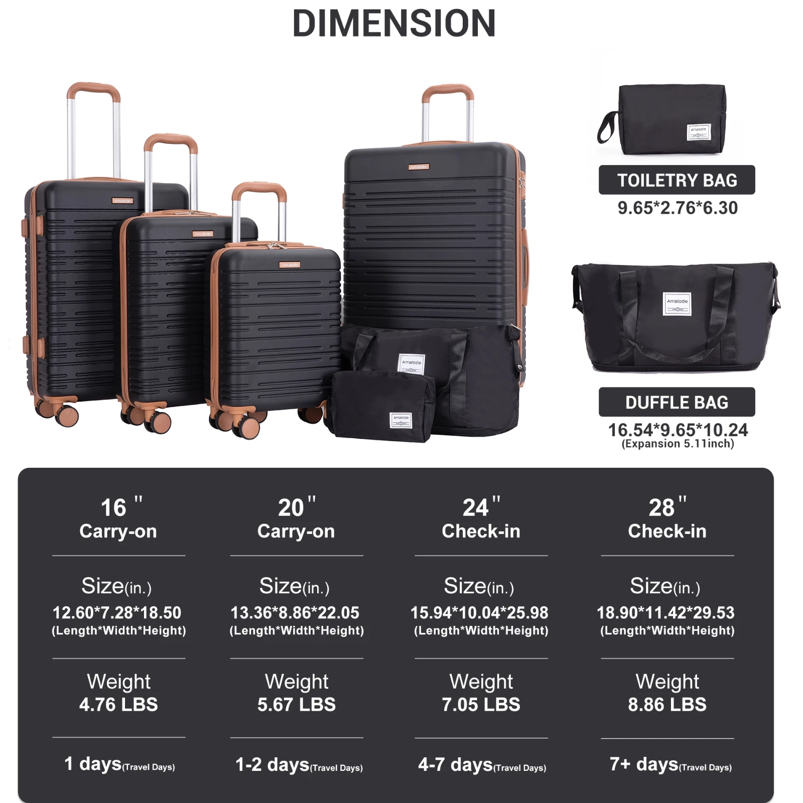 Juegos de equipaje de 4 piezas, maletas con ruedas giratorias dobles y cerradura TSA, estuche rígido de 4 juegos 16/20/24/equipaje con bolsa de viaje