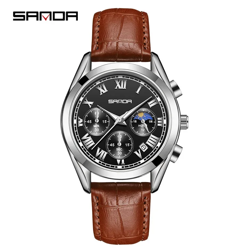 

Sanda P5012 Soft Leather Strap Waterproof Japanese Quartz Movement Roman Number Dial Luminous Hands Business Men Wrist Watch