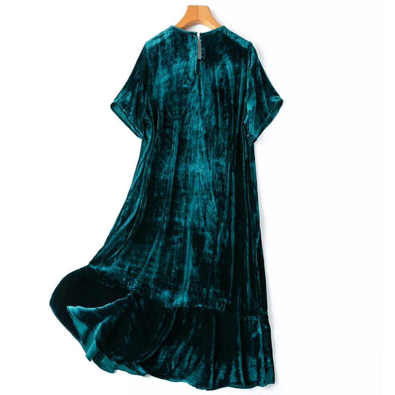 Women Silk Velvet Dress Real Mulberry Silk Boby Doll Solid Color Dark Green Ruffles Big Hem Comfortable A-line Midi Dress MM988