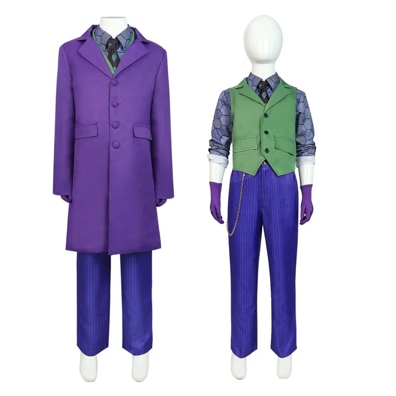 Movie Joker Cosplay Costume Dark Knight Horro Heath Ledger Purple Outfit Jacket Full Sets Kids Suit Halloween Carnival Party