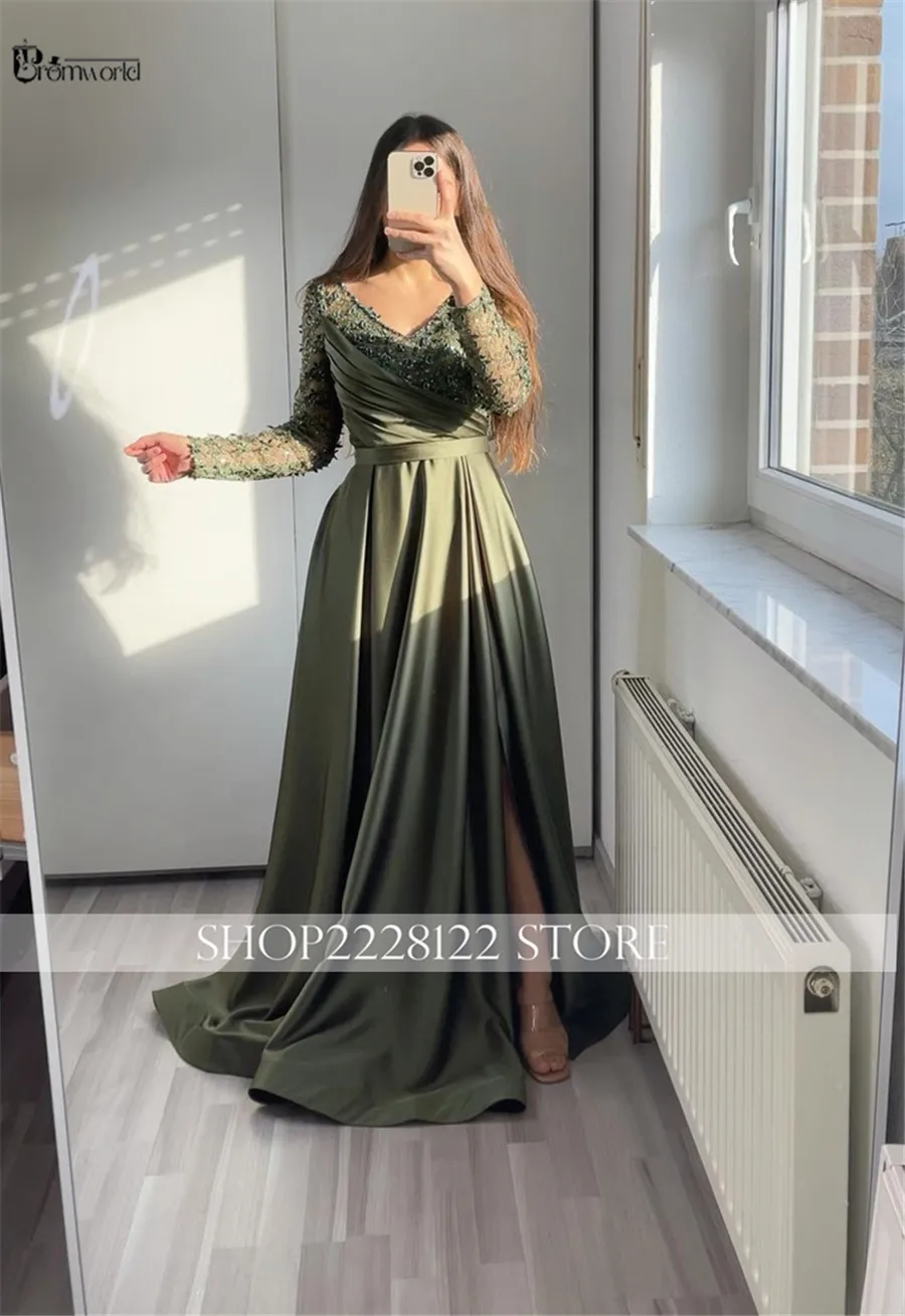 Olive Green Elegant Evening Dresses for Women A-Line Satin Party Dress Long Sleeves V-Neck Lace Beaded Formal Prom Gown