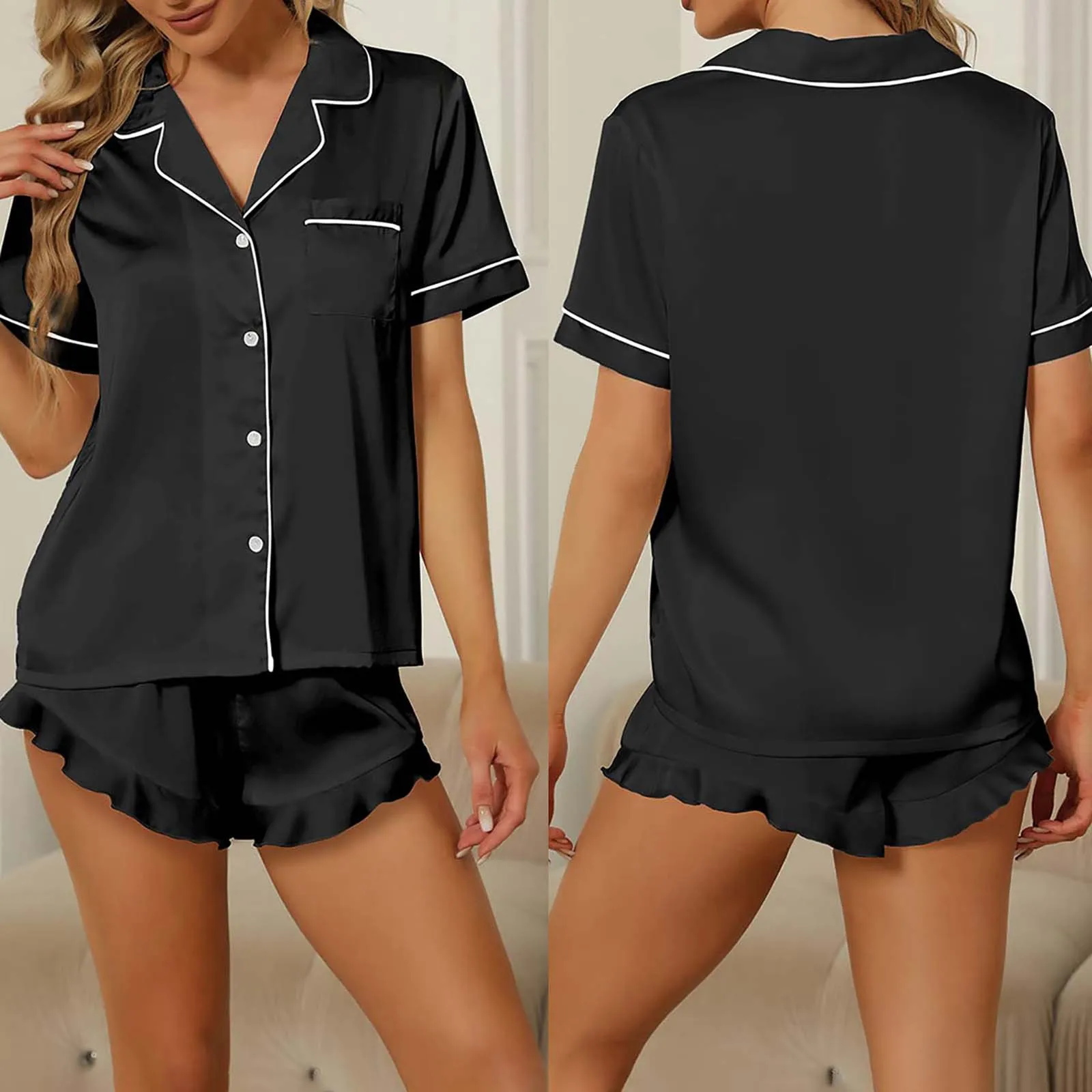 Women's Pajamas Clothing Silk Satin Summer Short-sleeved Shorts 2PCS  V-neck Solid Color Satin Shirt Pajama Set 2XL Large Size
