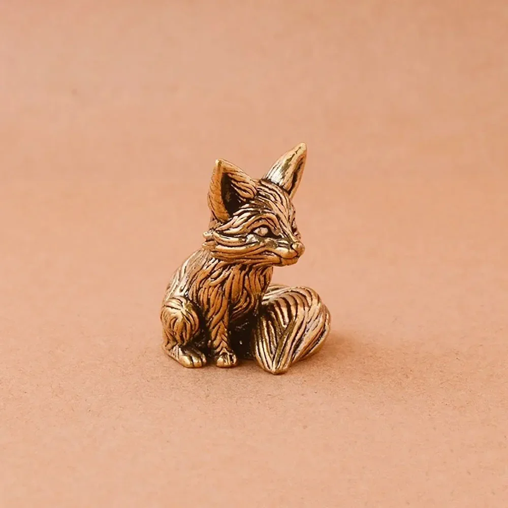 Brass Fox Statue Cute Fox Miniature Figurines Desk Ornament Decorations Accessories Copper Animal Sculpture Home Decor Crafts
