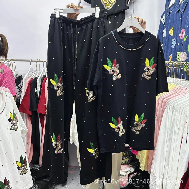고품질 봄 여름 느슨한 여성 세트 자수 스팽글 다이아몬드 짧은 소매 티셔츠 탑 + 탄성 허리 캐주얼 바지