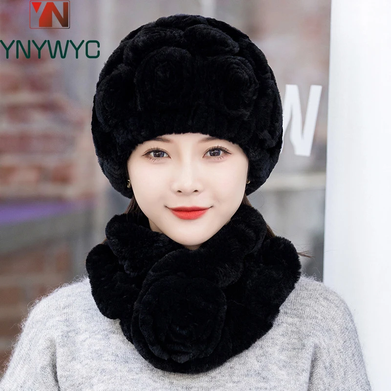 

Hot Sale New Women Winter Fur Hat Scarf Sets Natural Warm Real Rex Rabbit Fur Cap Scarves Lady Knitted Genuine Fur Hats Muffler