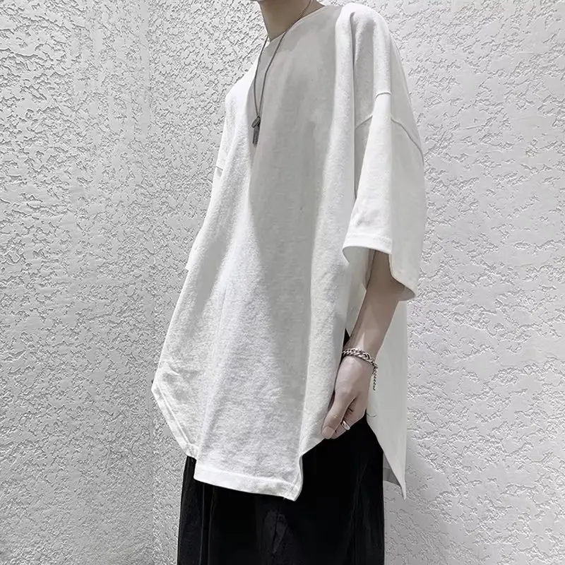 Summer Oversized T-shirt Solid Round Neck Loose Side Split T Shirt for Men Harajuku Half Sleeve Tee Simple Daily Tees