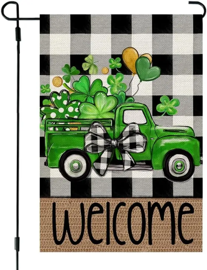 CROWNED BEAUTY St Patricks Day Shamrocks Truck Garden Flag 12x18 Inch Double Sided for Outside Small Burlap Buffalo Plaid We zzo