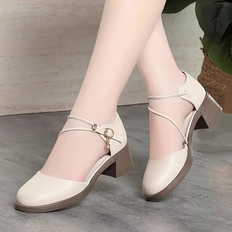 4.5cm All Match Spring Summer Round Head Med Block Heels Shoes 2026 Bandage Soft Leather Shoes Platform for Office Mom