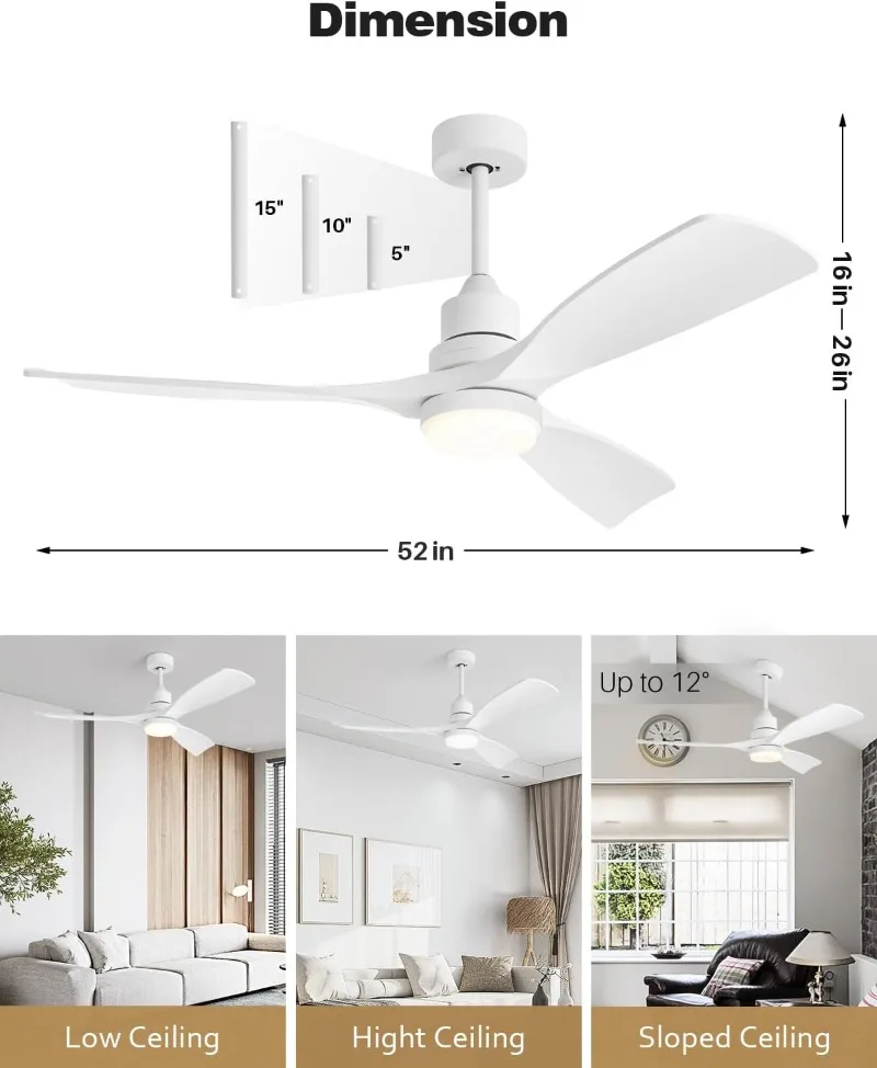 Ventilatori da soffitto da 52 pollici con luci remote, ventilatori da soffitto bianchi 3 temperature di colore, timer, elencati ETL, 3 aste interrate, 3 pale, 6 velocità