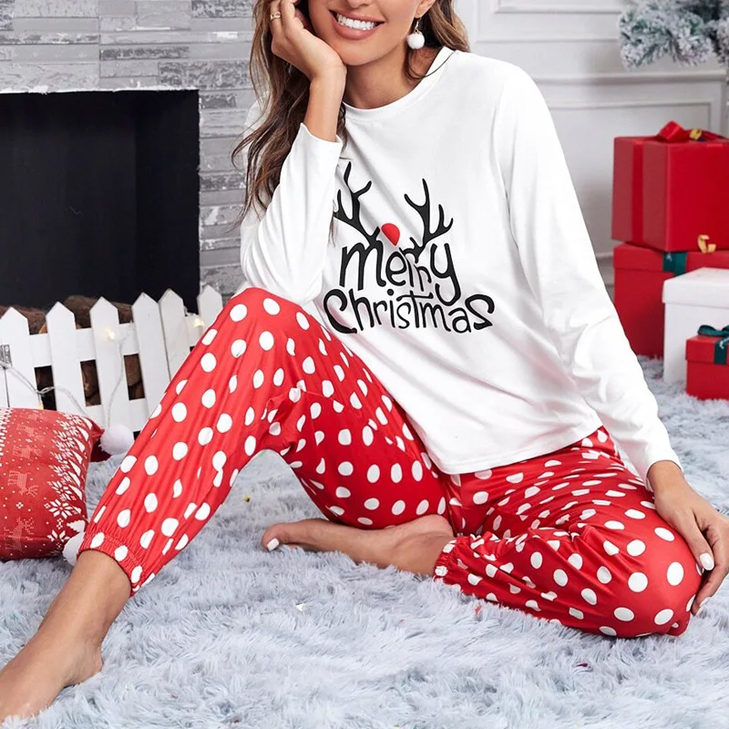 Christmas Print Casual Pajamas Women Long Sleeve Trousers Round Neck Ladies Home Clothes 2Pcs Set Comfortable S-2XL Plus Size