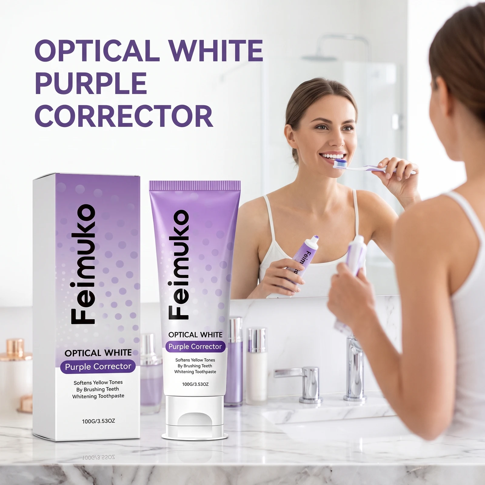 Feimuko Purple Brightening Toothpaste Color Corrector Stain Removal Reduce Yellow Teeth Fresh Breath Enamel Safe Daily Oral Care