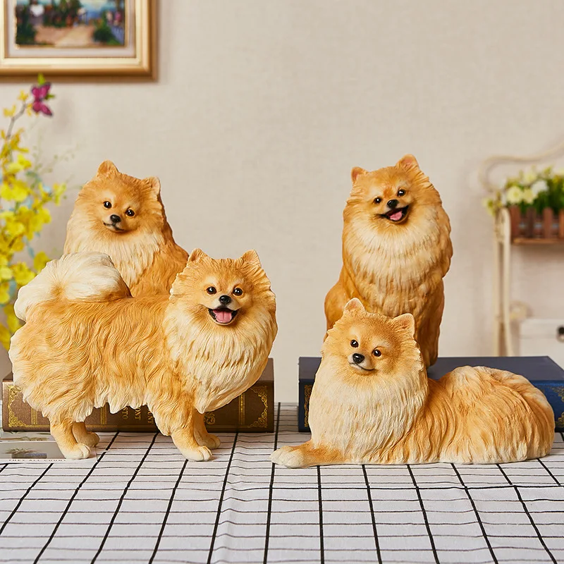 Resin Handicraft Artificial Animal Sculpture Cartoon Dog Pomeranian Resin Decorative Figurines Home Decoration Accessories