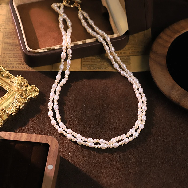 

Double Strand Natural Freshwater Pearl Necklace for Women Wedding Bridal Pearl Toggle Clasp Choker Korean Style Dainty Jewelry