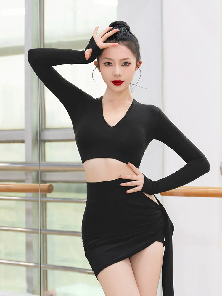 Latin Dance Clothes Long Sleeve Backless Top Practice Latin Dance Costume Performance Practice Suit Clothes Samba Dacne DQL9536