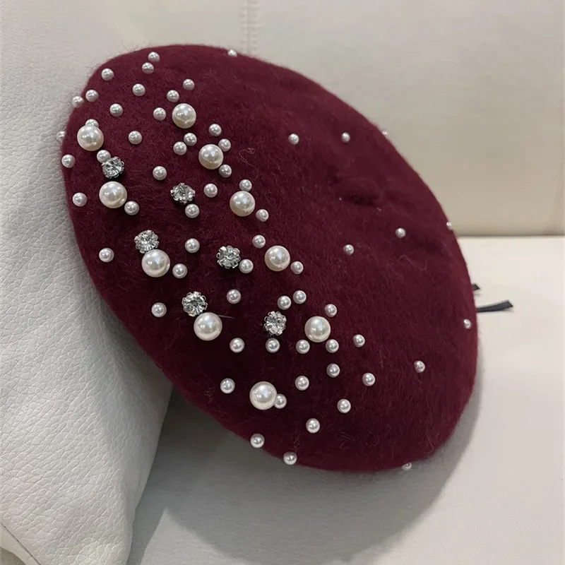 Gorro de boina para mujer con perlas y diamantes de imitación, gorros de pintor de invierno de lujo para madre e hija, estilo coreano