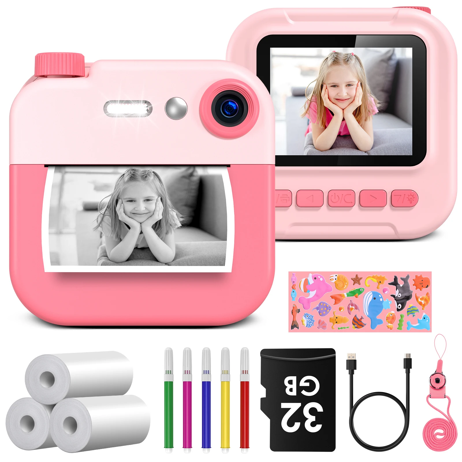 Mini Instant Print Camera For Kids Portable Digital Camera Cartoon Thermal Print Camera Toy With 32G Card