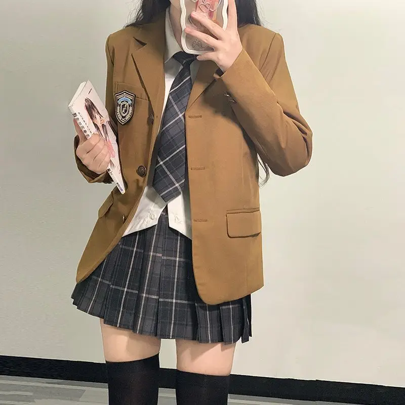 Japanese School Uniform JK Suit Girls Long Blazer Tie Plaid Skirt White Shirt Medal Five-piece Women Sexy Spring and Autumn Suit