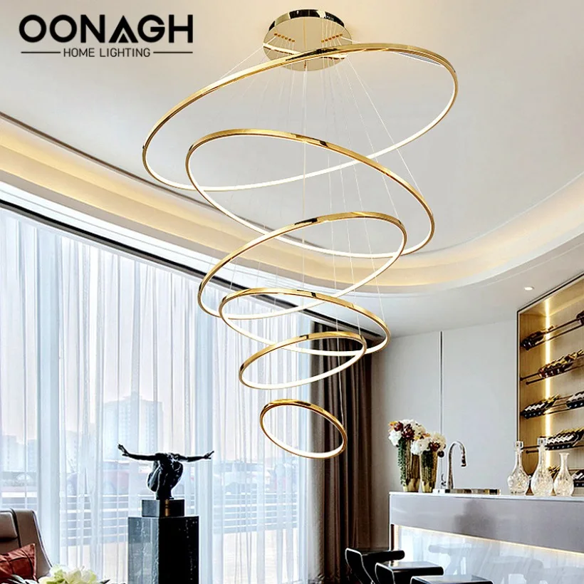 Modern LED Staircase Pendant Lamp Gold Stainless Steel Hotel Villa Living Room Decor Lighting Ring Dining Room Chandelier Light