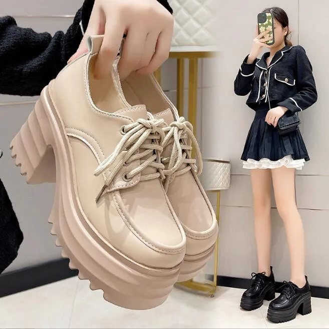 Women High Heels Shoes New Trend Fashion Party Shoes Wedges Pumps Casual Ladies Lace Up PU Leathesr Black Shoes