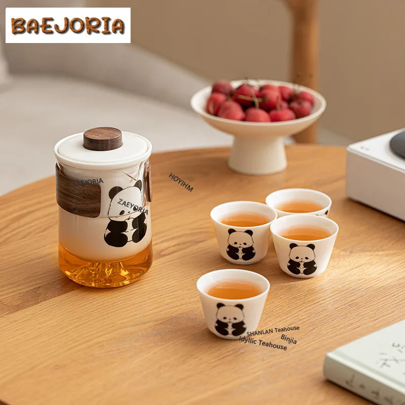BAEJORIA Cute Panda Mutton Fat Jade Travel Tea Set Kit Japanese 1 Pot 4 Cups Tea Maker Organizer Portable Camping Tote Bag Gifts