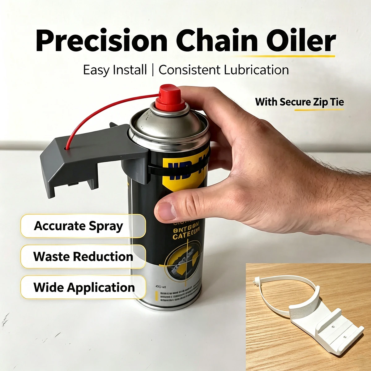 Black Precision Chain Oiler, Universal Spray Can Oiling Positioning Bracket, Precise Oiling for Bicycle and Motorcycle Chain Maintenance, Reduces Oil Waste, Includes Tie Strap Fixing Tool