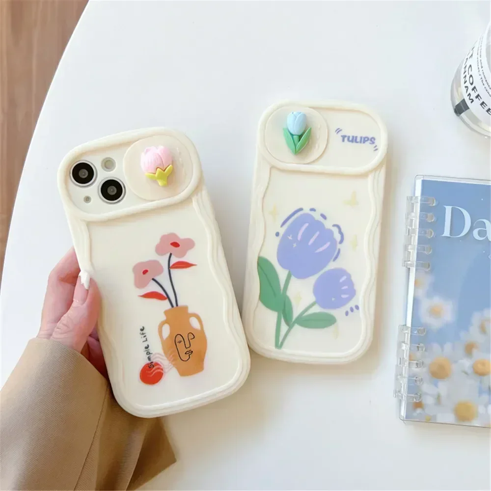 

Cute Tulip Push Window Lens Slide Camera Protector Phone Case For iPhone 14 14Pro 11 12 13Pro Max Shockproof Silicone Back Cover