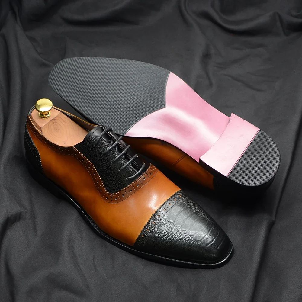 Color Blocking Classy Men's Dress Shoes Cow Genuine Leather Business Office Lace-up Cap Toe Oxford Luxury Formal Shoes for Man