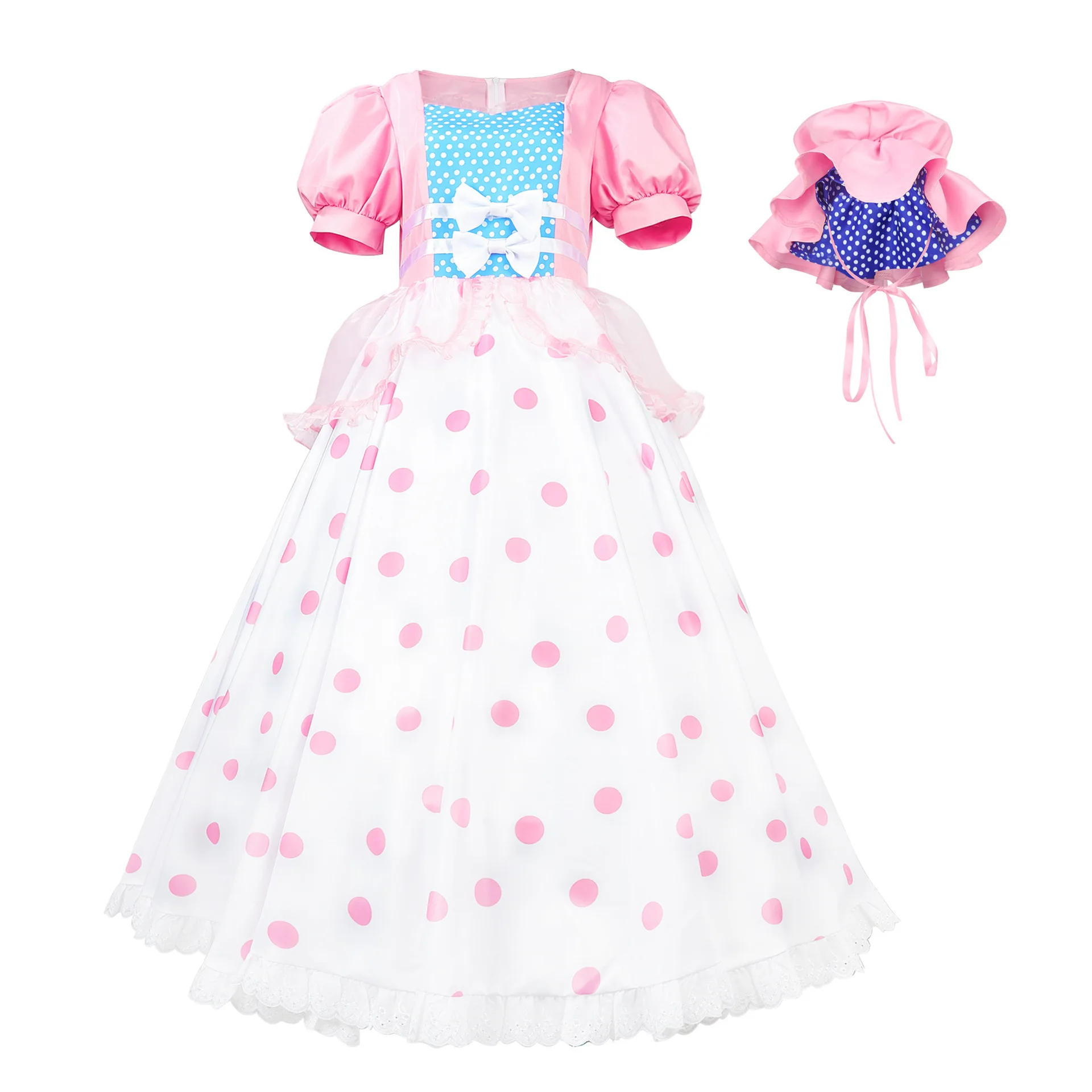 Anime Bo Peep Cosplay Costume with Hat Pink Polka Dot Princess Dress Halloween Carnival Party Disguise Suit for Kids and Adults