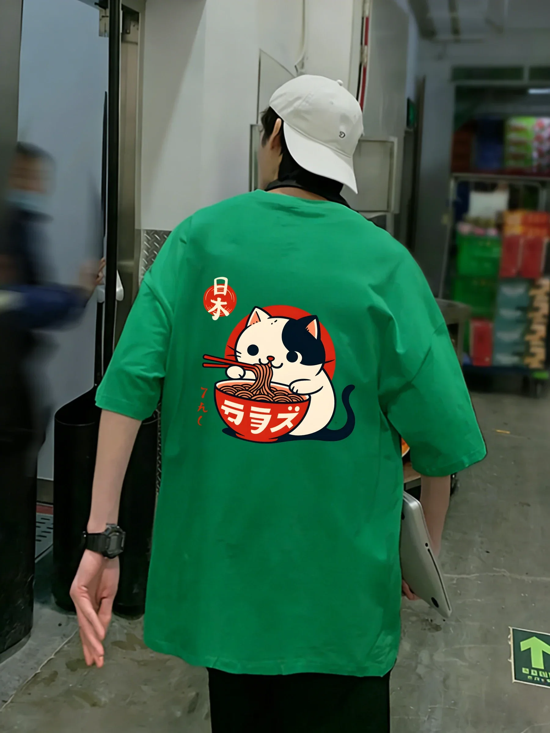 Cow Cat Likes Lamian Noodles Mens Basics T Shirts All-Match Cotton T-Shirt Colour Summer Clothing Oversize Crewneck Sportswear
