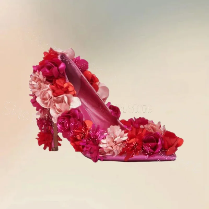 

Colorful Appliques Design Silk Pointed Toe Pumps Slip On Women Shoes Thin High Heels New Party Banquet 2025 Zapatos Para Mujere