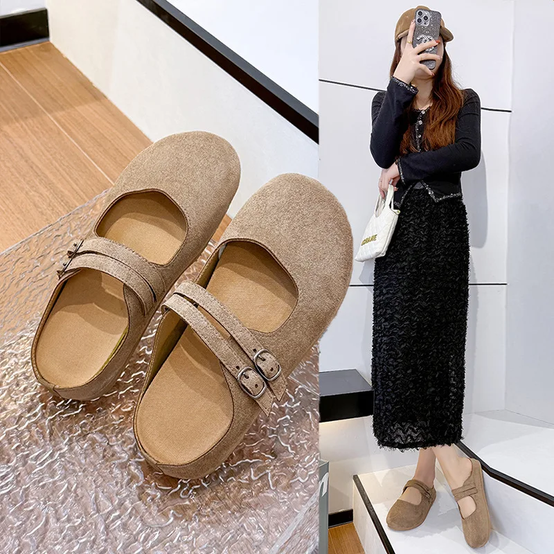 2026 Spring New Women's Bag Head Half Slippers Outer Wear Double Button Mary Jane Lazy Shoes Cool Dragging Women view 3