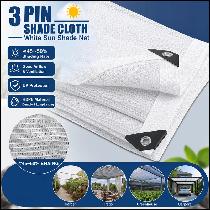 3Pin 50% Shading White HDPE Sunshade Net Outdoor Plants Sun Cover Mesh