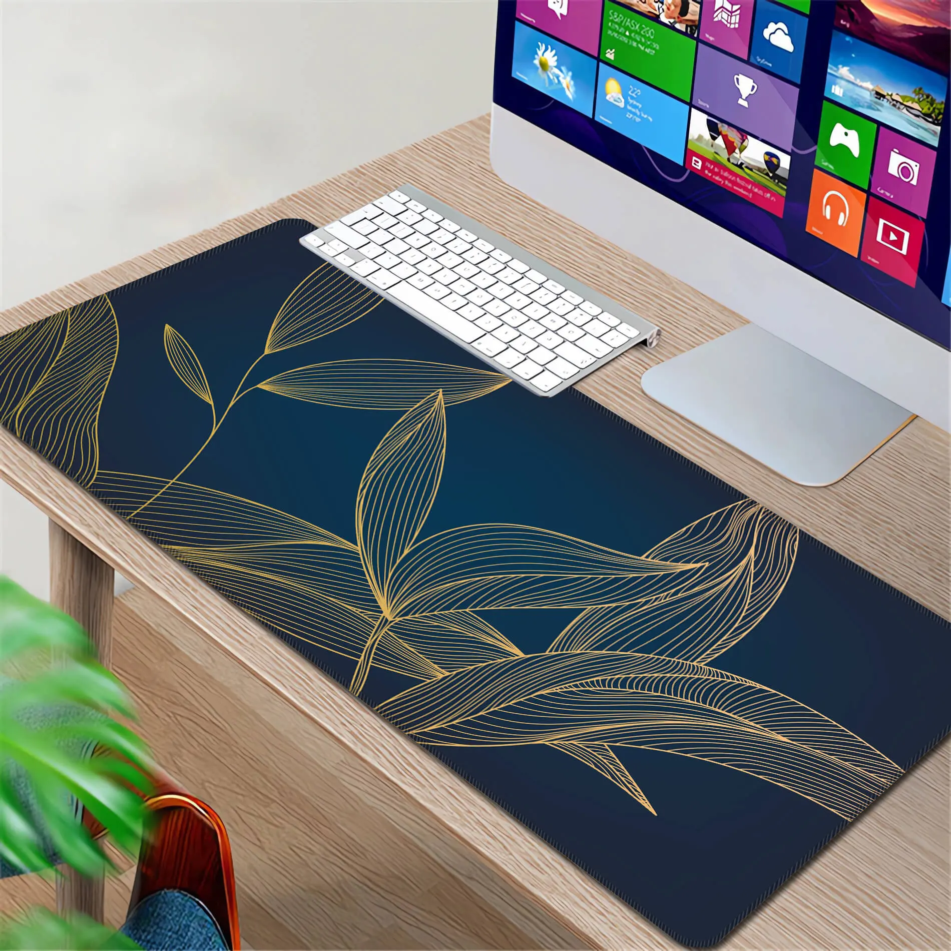 Leaves Pattern Desk Rug, XXl Floral Mouse Pad, XL Green Mouse Pad, Floral Desk Mat, Gold Leaf Desk Décor, Gift for Her