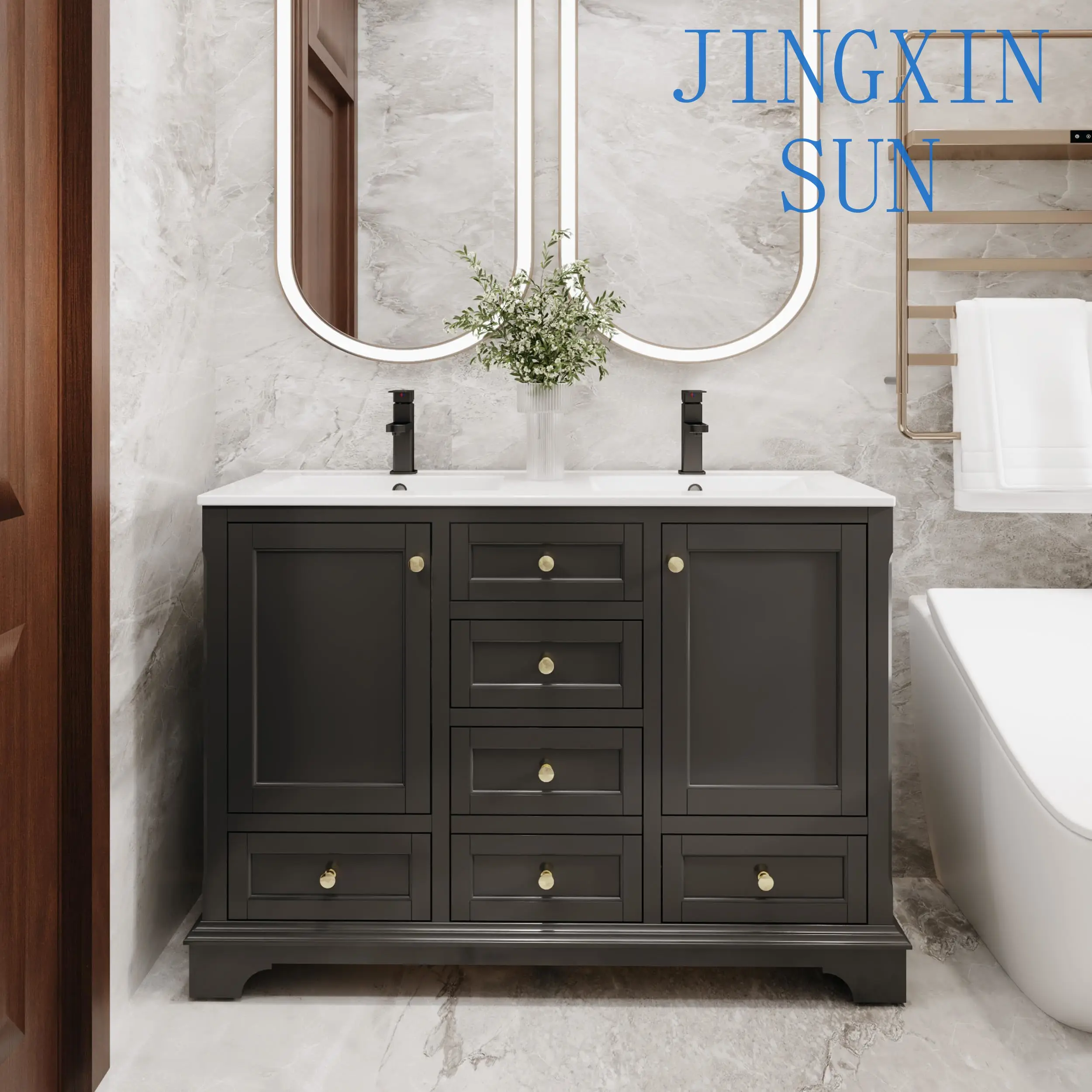 48 Inch Painted Surface Raised Arch Feet Soft Closing Doors Vintage Bathroom Vanity Storage Cabinet With Sink for Bathroom