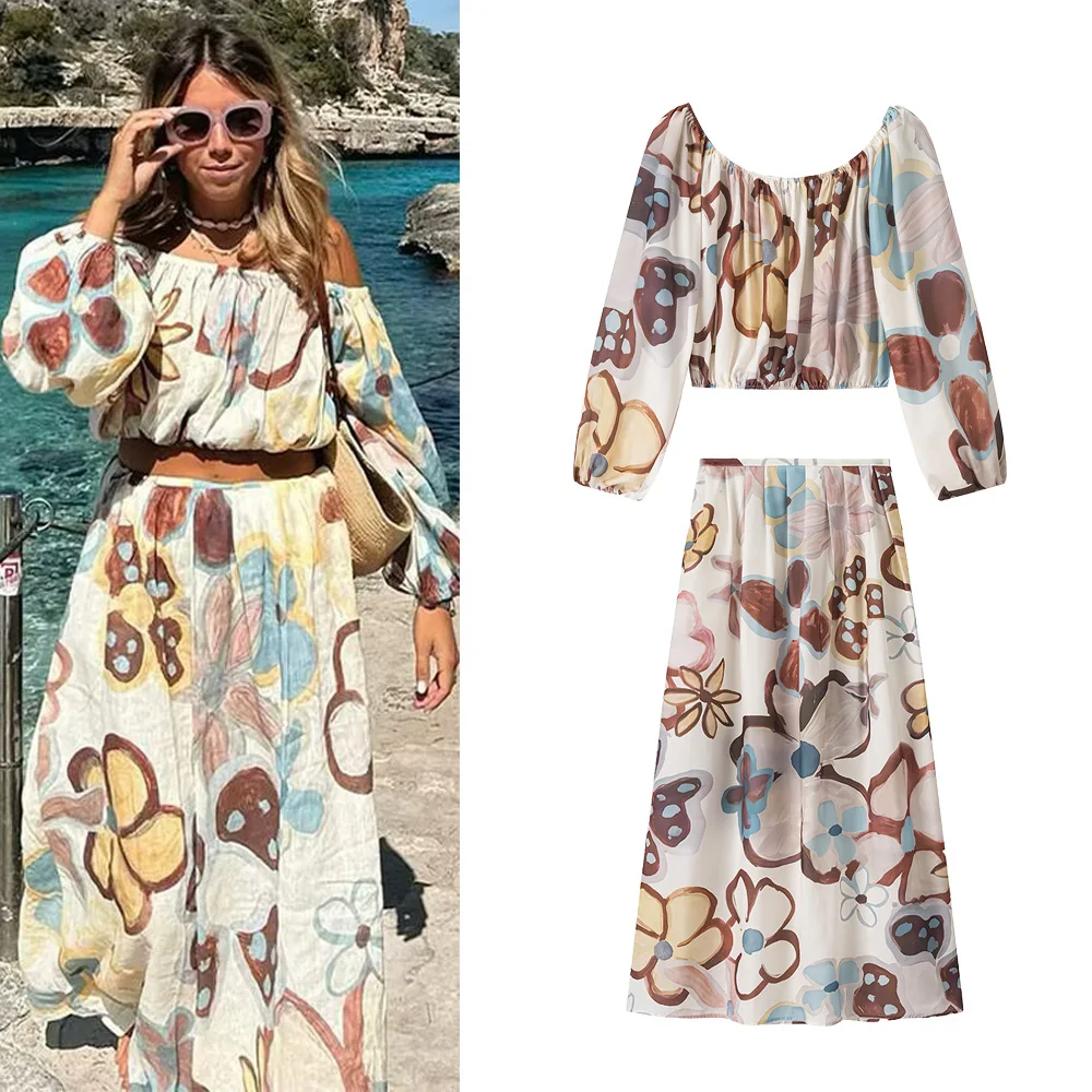 

2025 Summer Women's Skirt Suit Printed O-neck Long Sleeve Short Top+A-line Pleated Elastic Waist Long Skirt Outfit Female Set