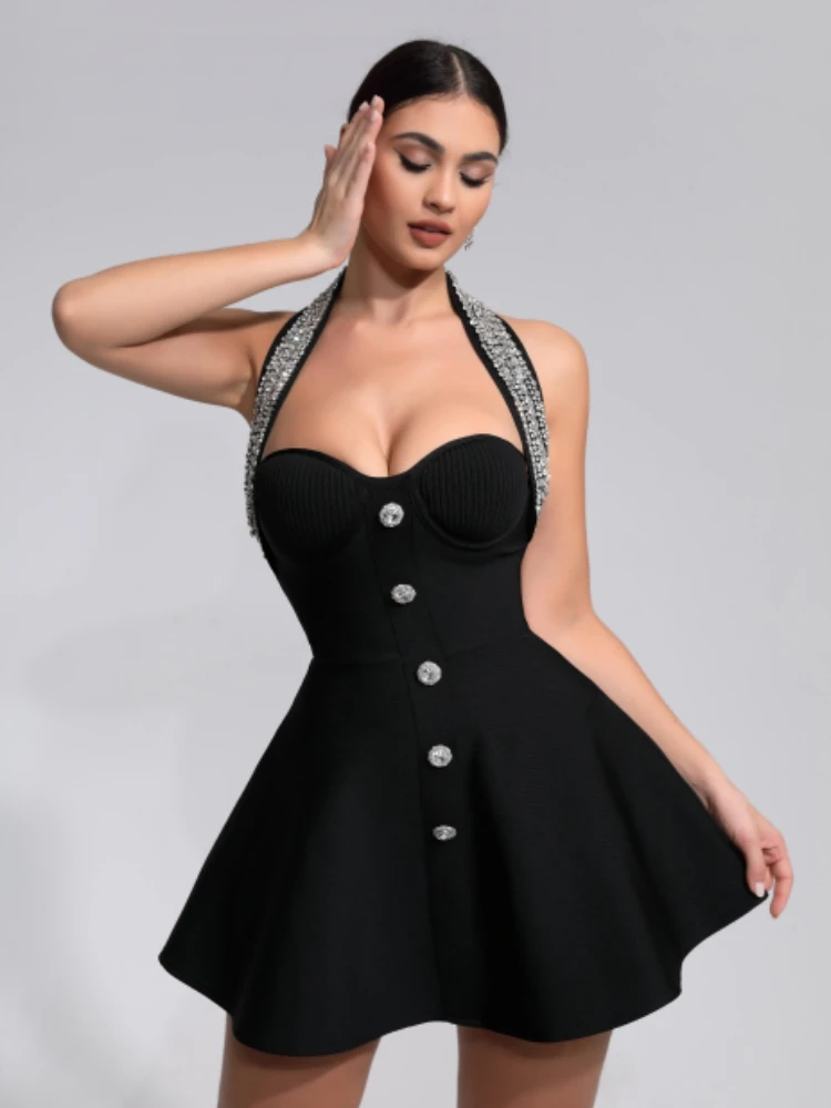 Vestido Bandage de corte A con cuentas negras y espalda descubierta para mujer, traje Sexy de lujo para celebridades, traje de fiesta y Club nocturno de punto 2024