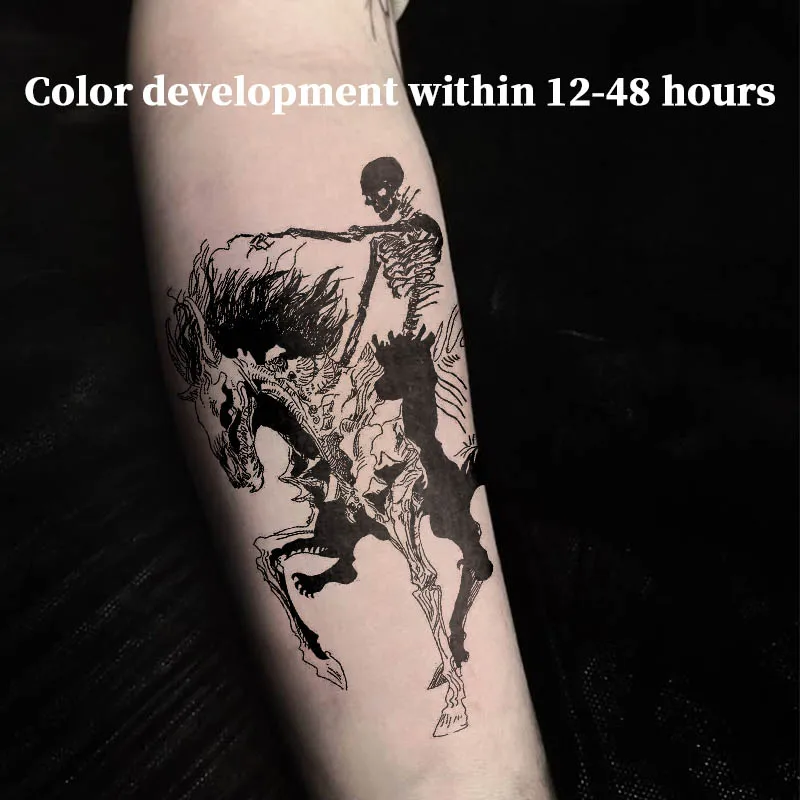 Herbal Juice Semi-Permanent Tattoo Sticker Skeleton Knight on Horse Waterproof Temporary Tattoos Fake Tattoo for Arm Body Art