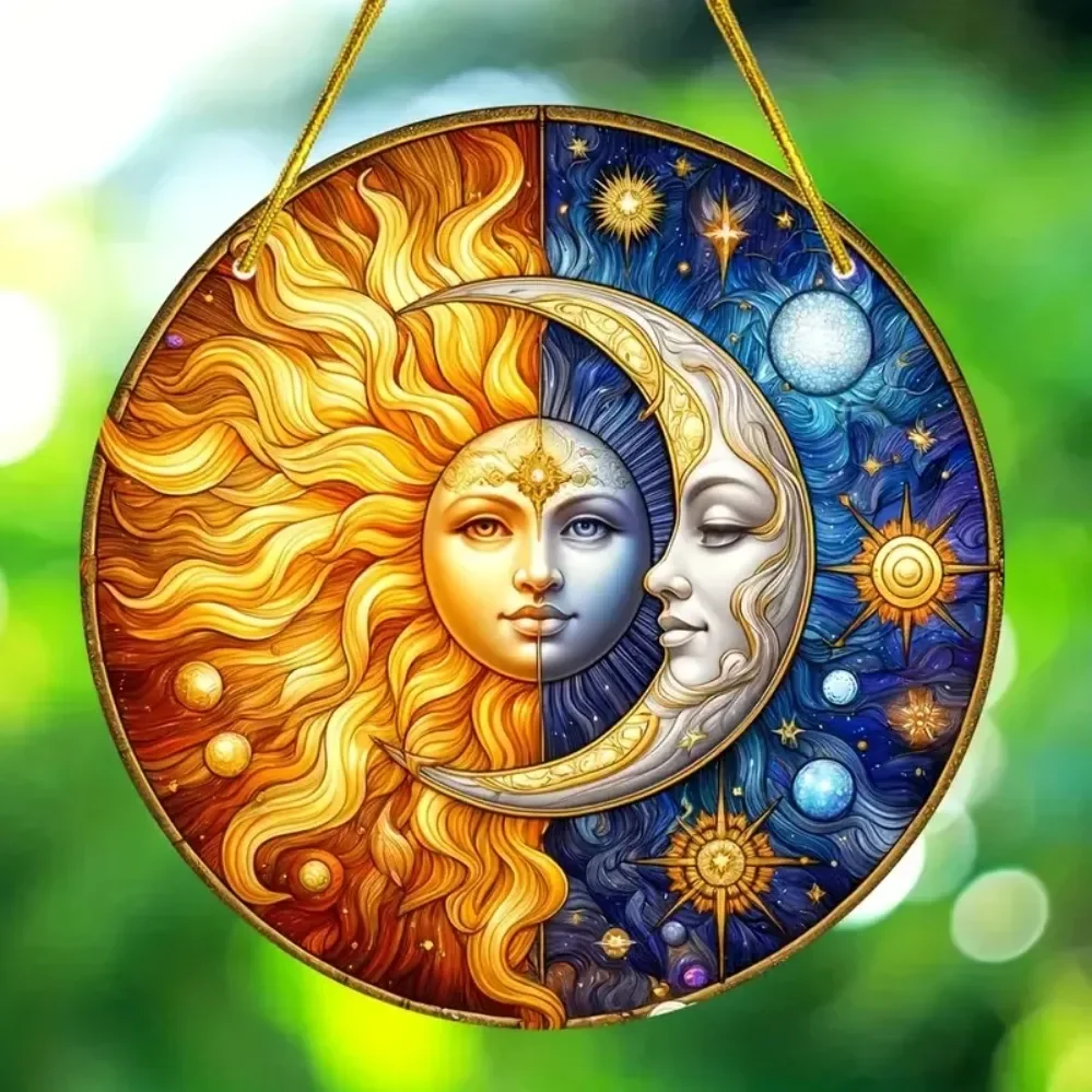 Sonne, Mond und Erde, runder, gebeizter Sonnenfänger – durchscheinendes Fenster-Hängeschild, stilvolle Dekoration für Zuhause, Veranda, Zimmer und Bauernhaus