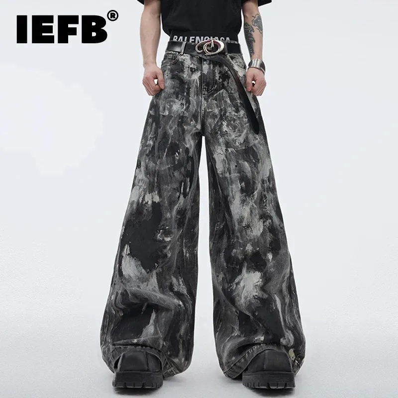 

IEFB Streetwear Men's Denim Pants Distressed Loose Fitting Jeans Spray Dyed Waxed Design Personalized Menwear Vintage 24Y154