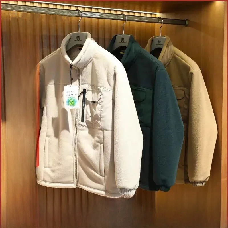 

Autumn Winter Men's Thiened Lamb Fur Jaet Stand Collar Fce Outerwear Youth Trendy Stand Fit Long Sve Coat