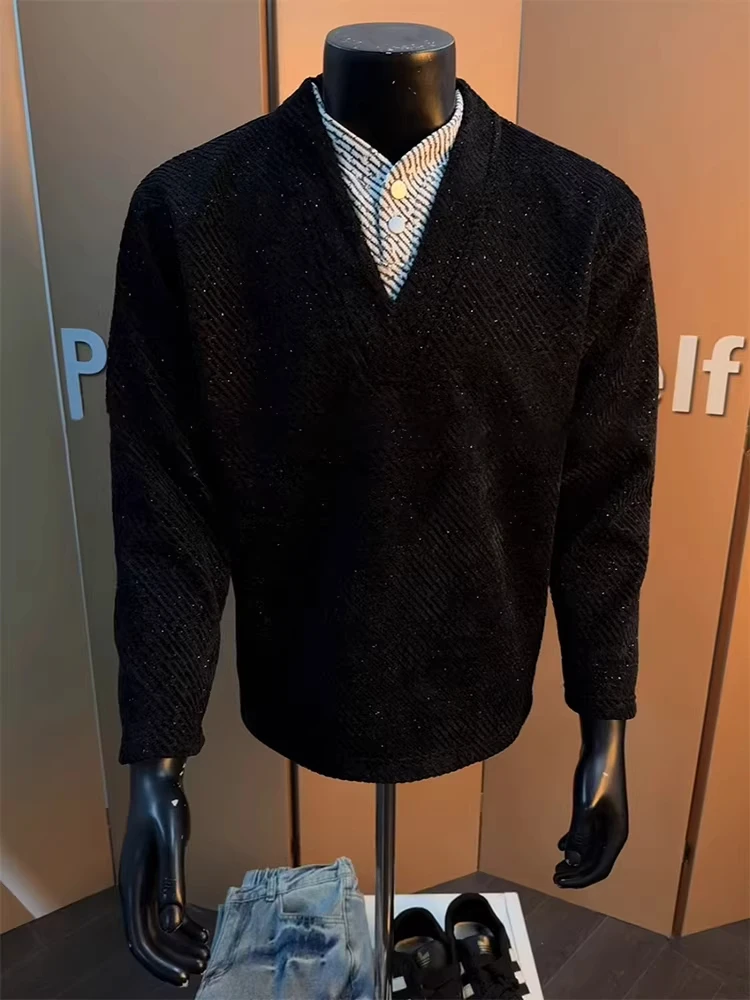 

American Sle V-Ne Long Sve Hoodie Men's Spring oulder Length T-irt Henry Collar Base irt Stand Fit Casual Wear