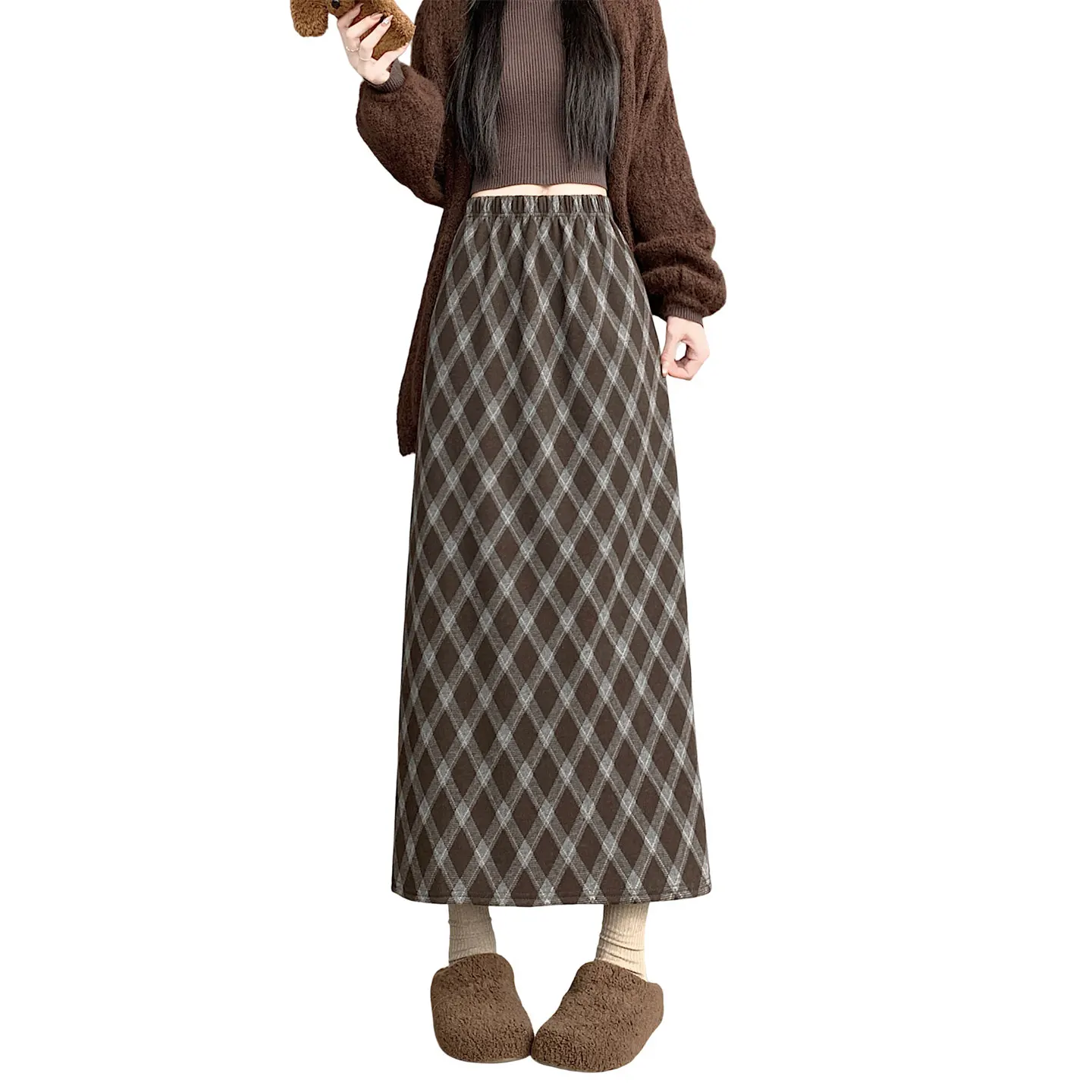 الكورية Sle منقوشة Fce اصطف ثي عالية الخصر التخسيس ميدي مستقيم أنبوب تنورة الخريف الشتاء المرأة الدافئة ألياف البوليستر