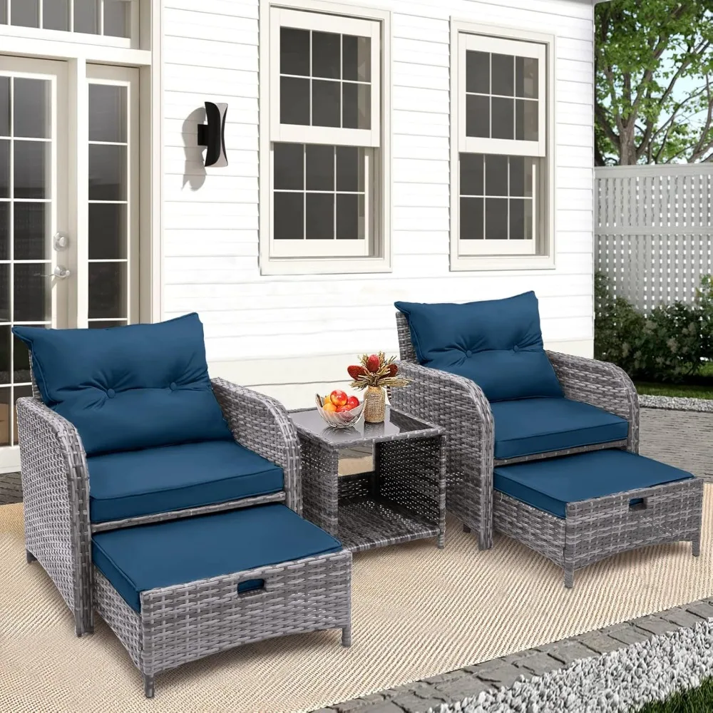 

5 Pieces Wicker Outdoor Patio Chairs Set with Ottoman, All Weather PE Rattan Patio Conversation Furniture Set Outdoor Furniture