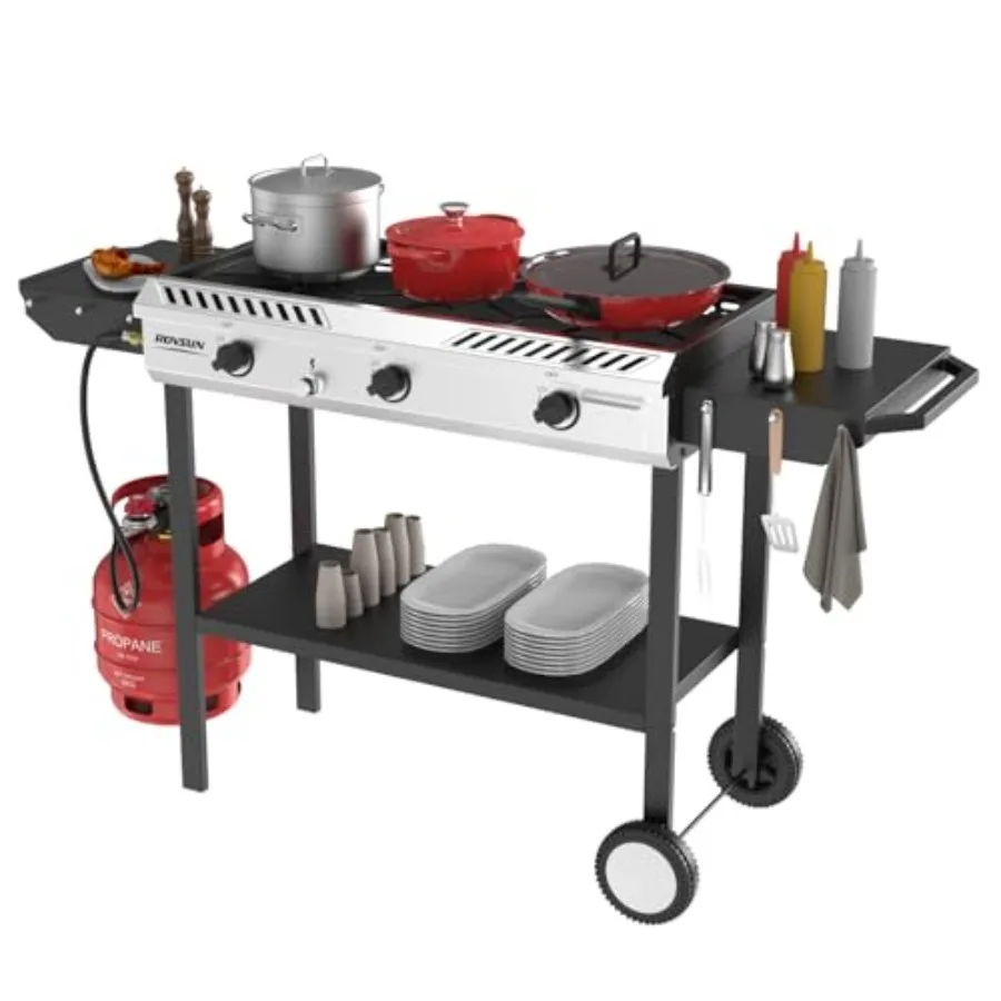 

Пропановая плита с 3 конфорками и автоматическим зажиганием, 225 000 BTU, уличная кухонная плита для кемпинга черного цвета с боковыми полками, вращающиеся колеса R