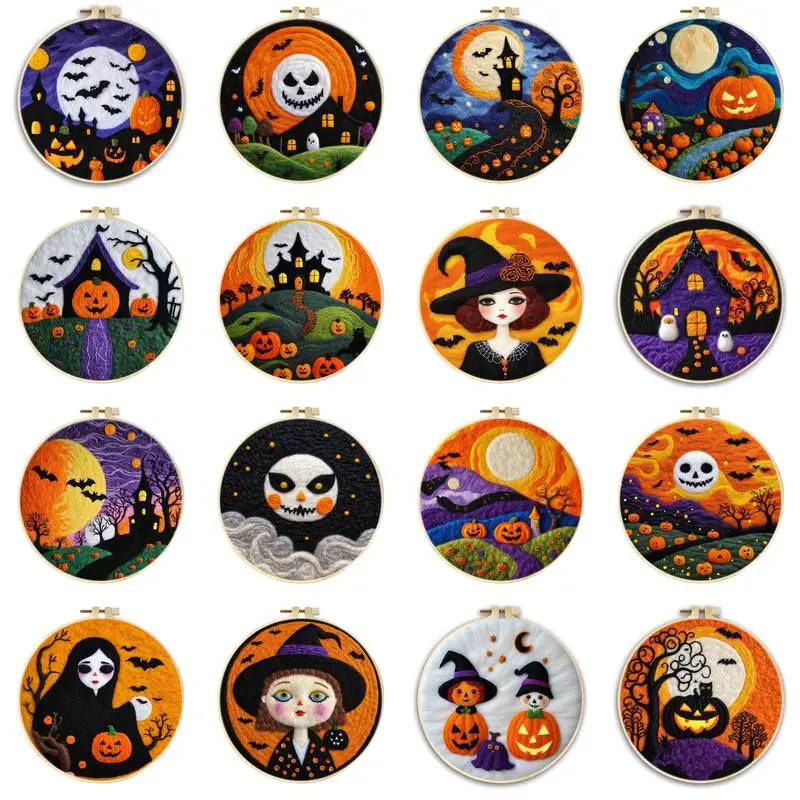 

GATYZTORY Needle Felting Painting Pumpkin Witch Kit Embroidered Wool Felt Painting Home Decoration Halloween Gift