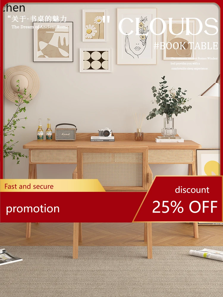 

HXL Solid Wood Rattan Desk White Ash Dressing Table Makeup Table Bedroom Study Computer Desk