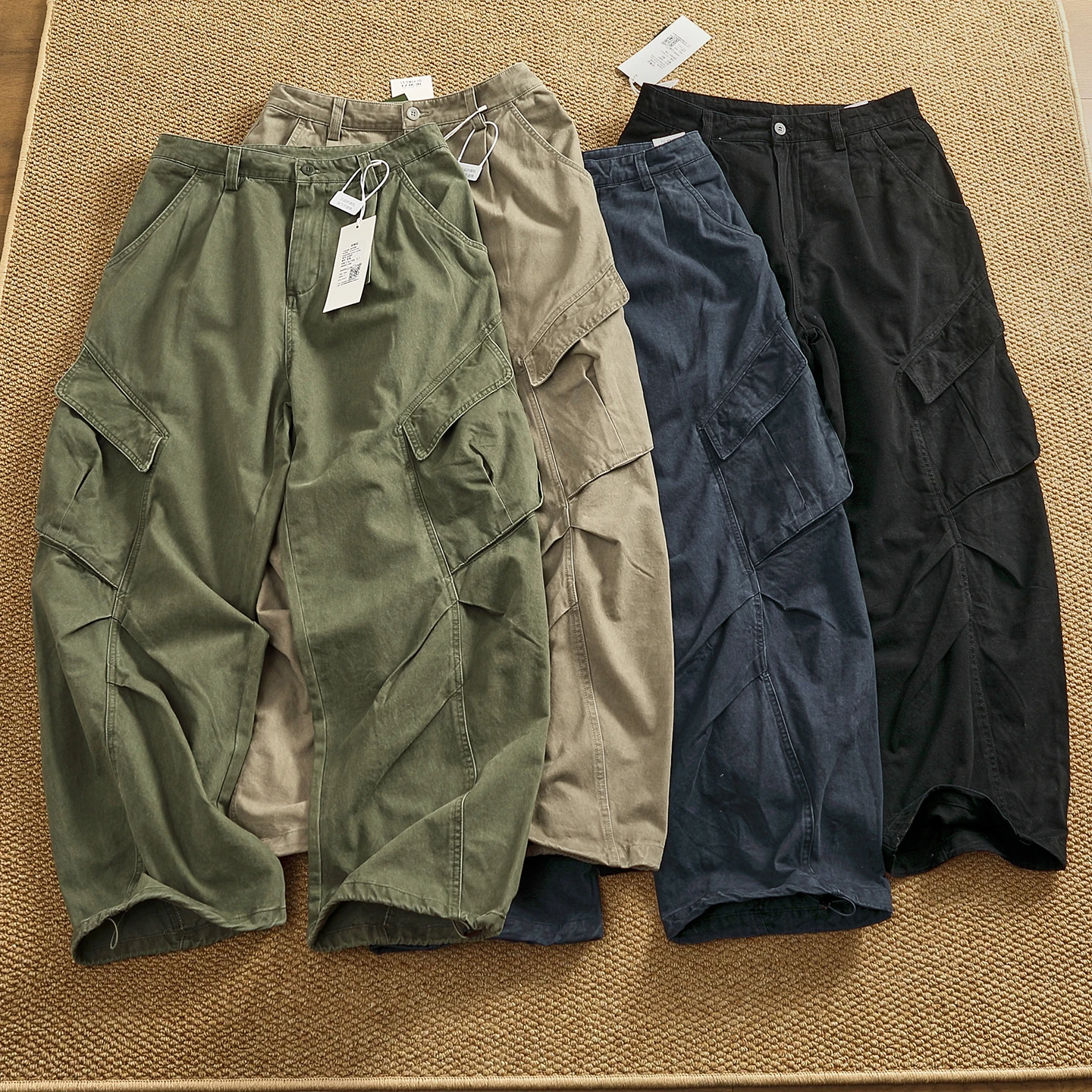 

American High Street Retro Work Pants Men's Loose Wide Leg 3D Tailoring Cuff Dstring Casual Cotton Trousers