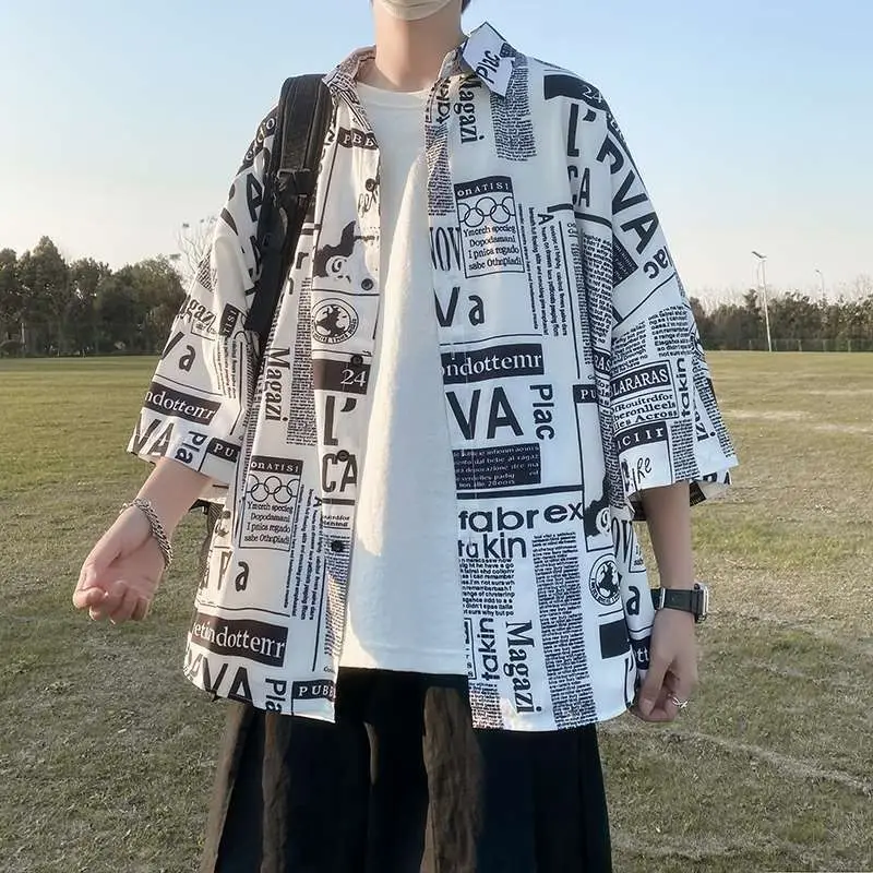 

Men's ort Sve irt Loose Fit f Sve Faionable Print Summer Hong Kong Sle Japanese System Haome Five-Foot Sl...