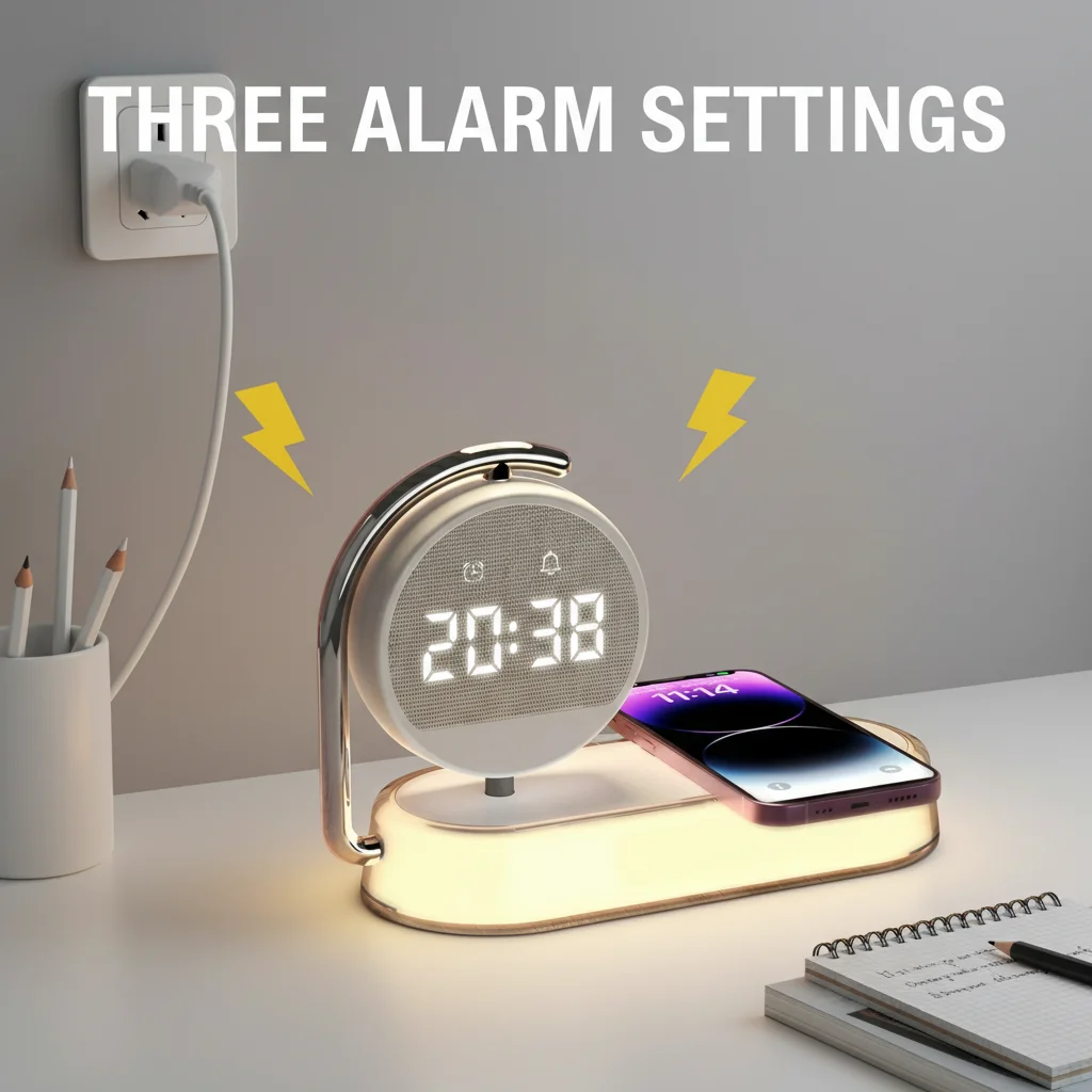 

Умный ночник-будильник с беспроводной зарядкой, регулируемой подсветкой, быстрой зарядкой 15 Вт, идеально подходит для общежития и новоселья