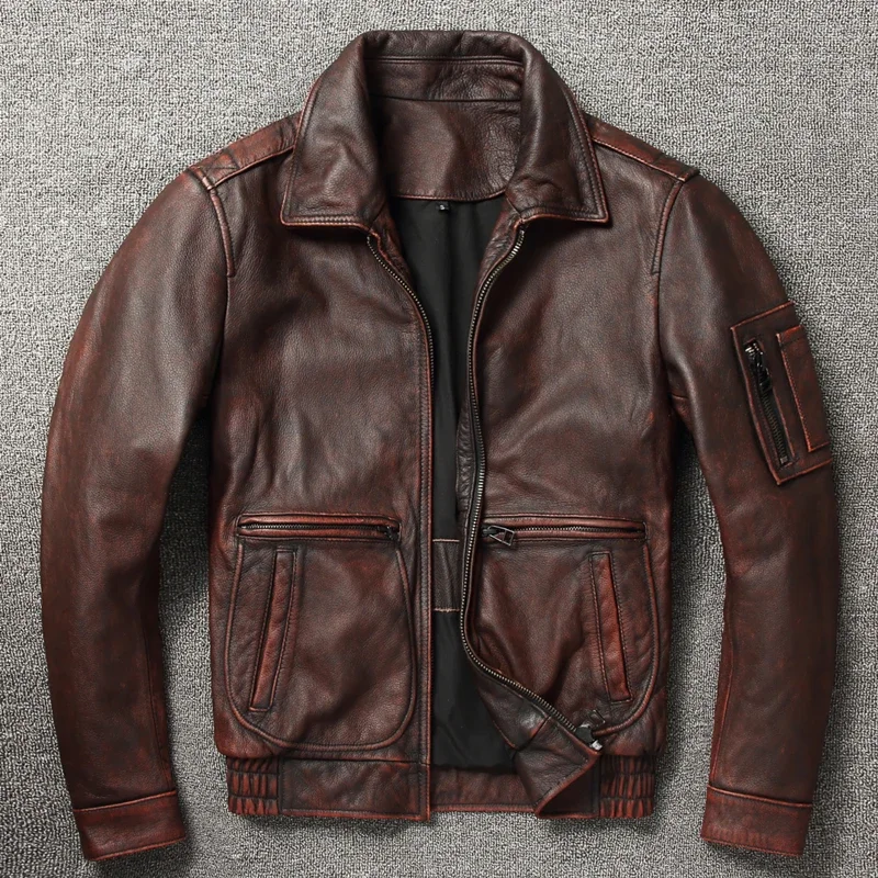 100% Cowhide Genuine Leather Coat  for Men style of  Moto & Biker Vintage  Slim  Male Natural Fashion lapel Leather Jacket